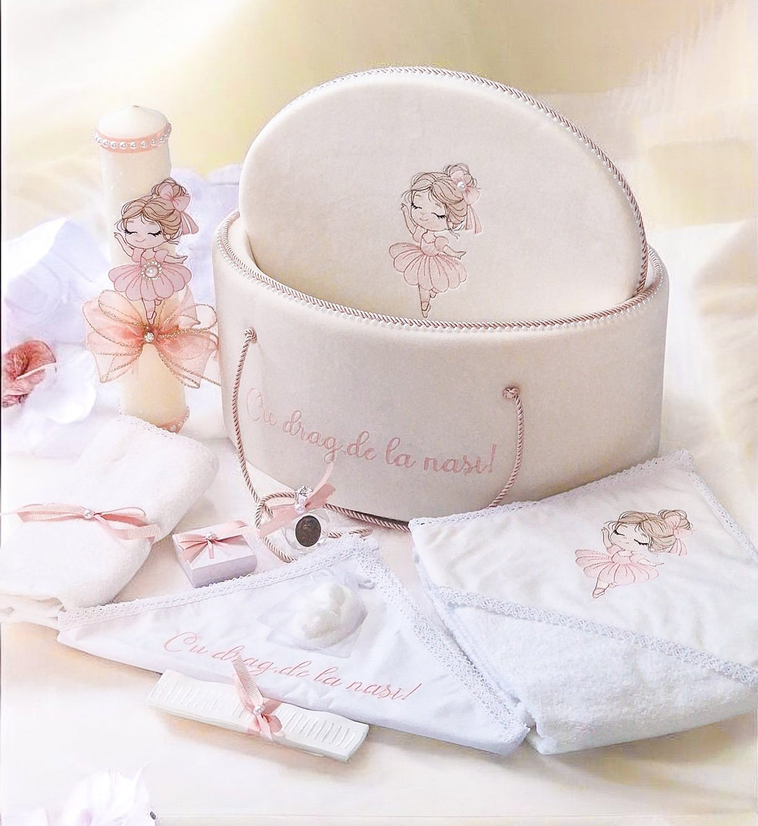 Set Complet Botez Fetiță Rochita +Trusou+Lumanare tematică Balerină Roz