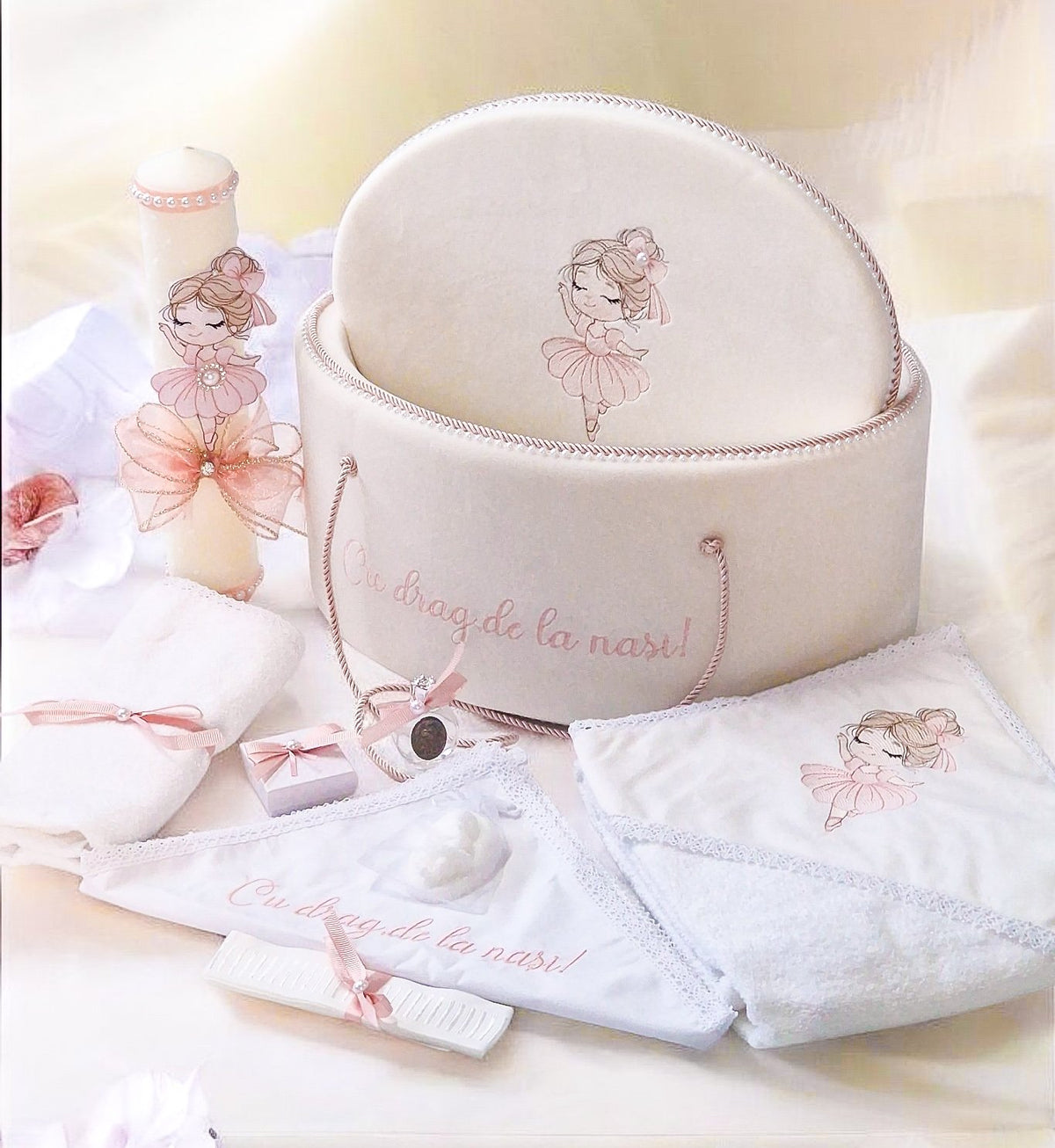 Set Complet Botez Fetiță Rochita +Trusou+Lumanare tematică Balerină Roz