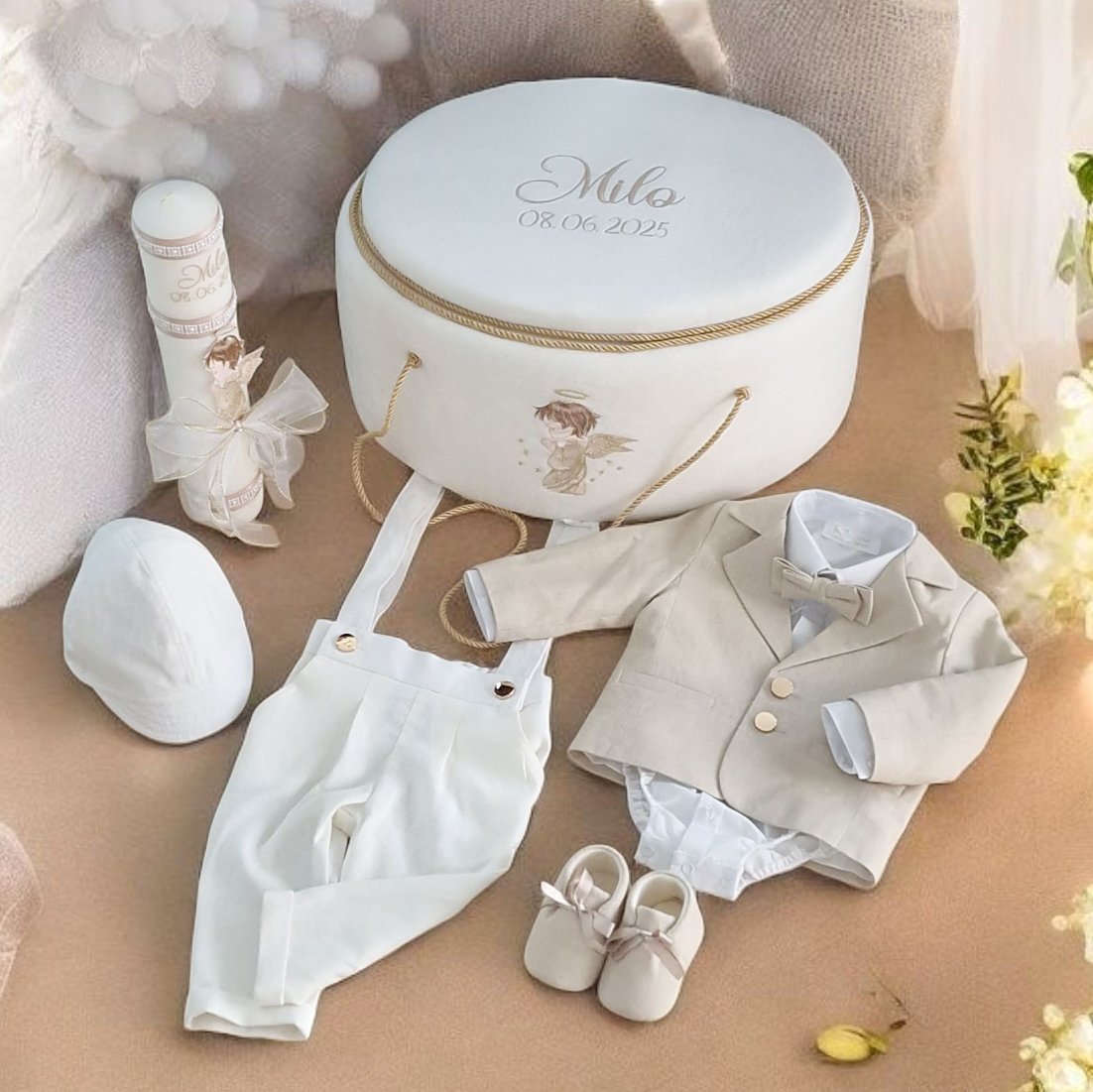 Set complet botez băieți- cufar buretat cu îngeraș brodat + costum elegant bej+ lumanare