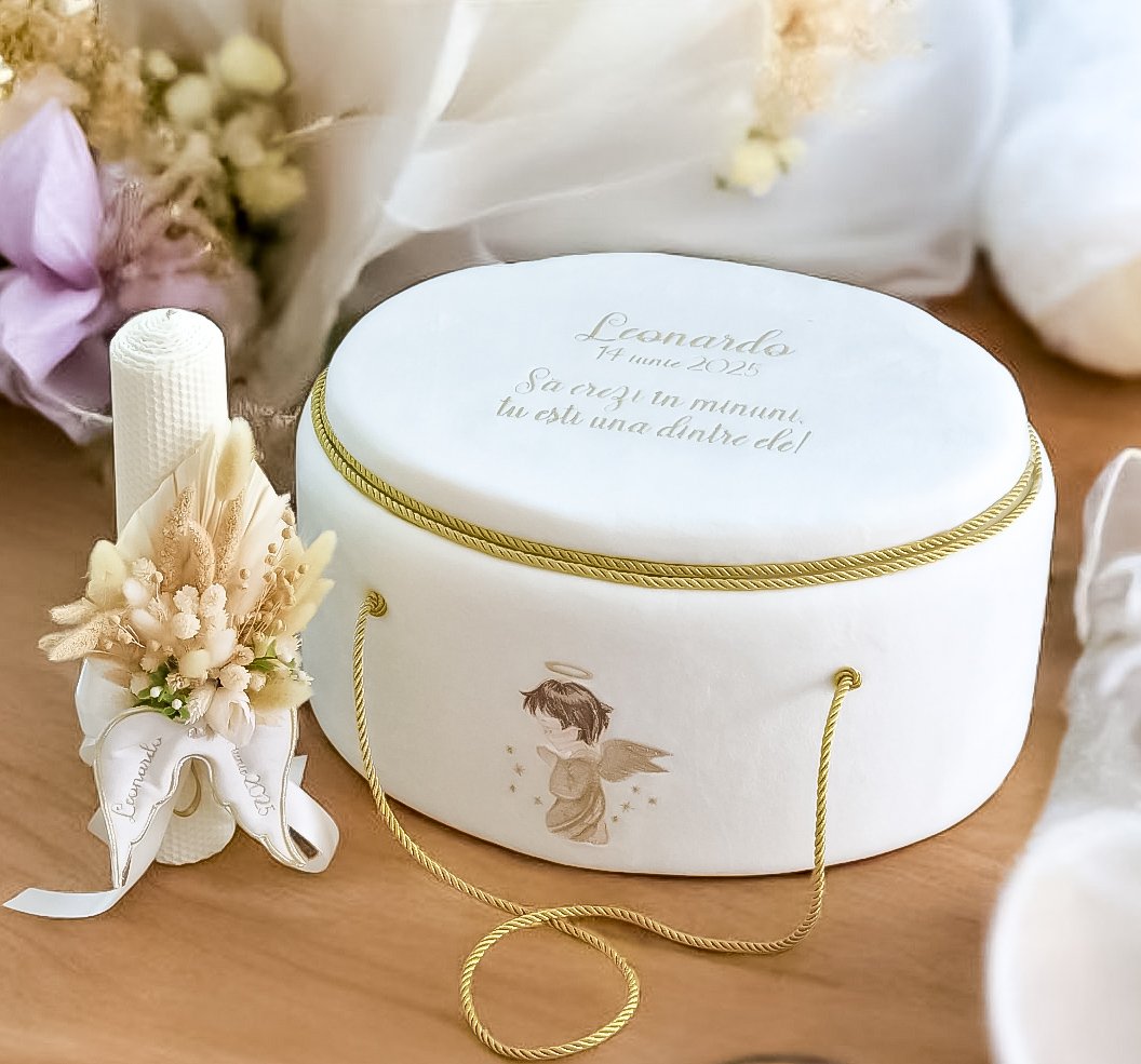 Lumânare Botez  Fagure Natural WINGS cu buchet de flori uscate