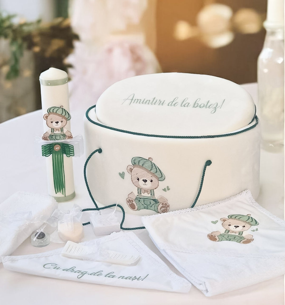 Set Botez Băieți Green Teddy Bear costum+trusou+lumamare