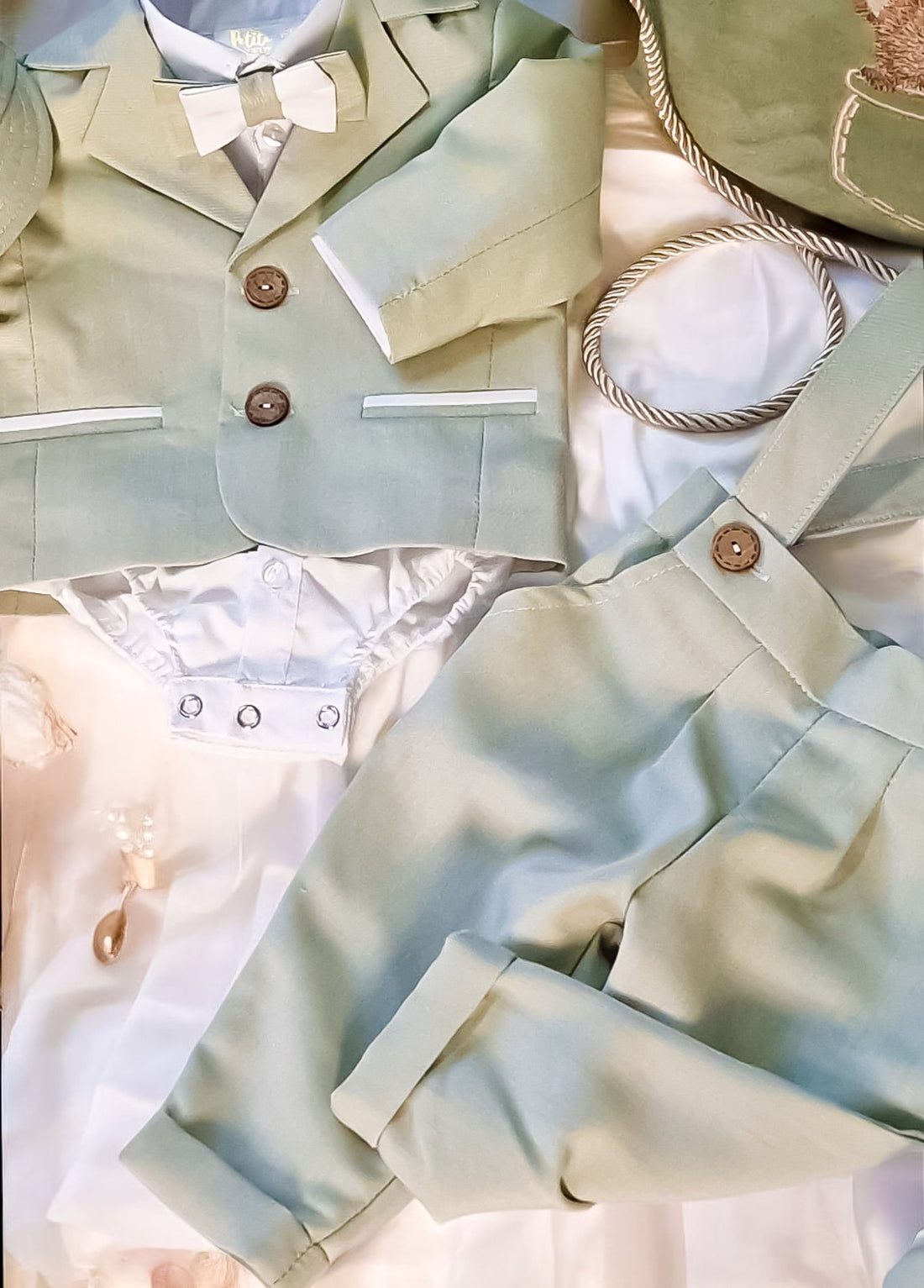 Set complet botez băieți- cufar buretat brodat cu ursuleț + costum elegant verde oliv+ lumanare