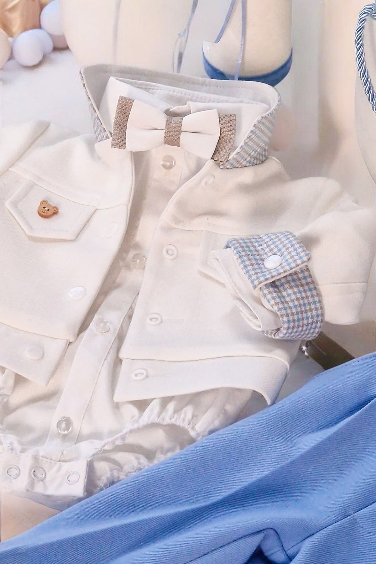 Set complet botez băieți  baby blue- Costum botez + Trusou + Lumanare