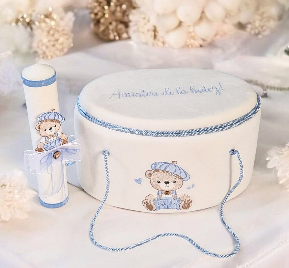 Set complet botez băieți  baby blue- Costum botez + Trusou + Lumanare