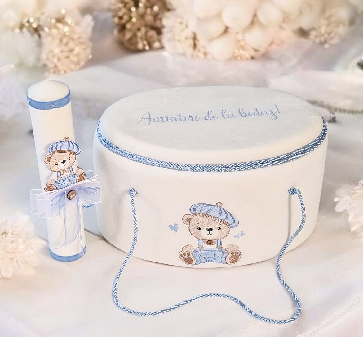 Set complet botez băieți  baby blue- Costum botez + Trusou + Lumanare
