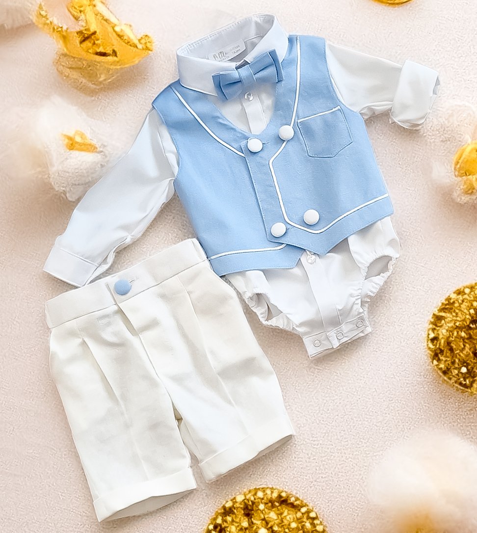 Set complet botez de vara băieți ivoire /bleo - Costum botez + Trusou