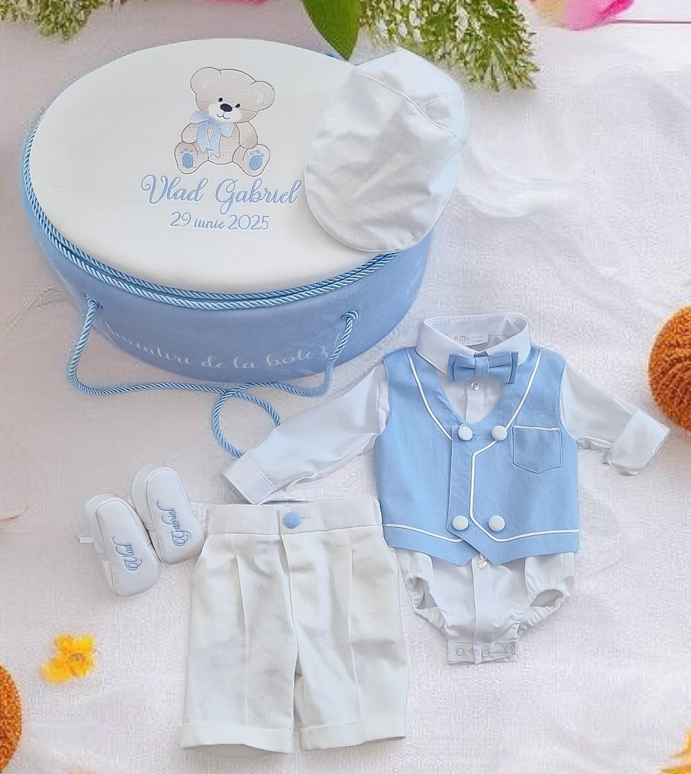 Set complet botez de vara băieți ivoire /bleo - Costum botez + Trusou