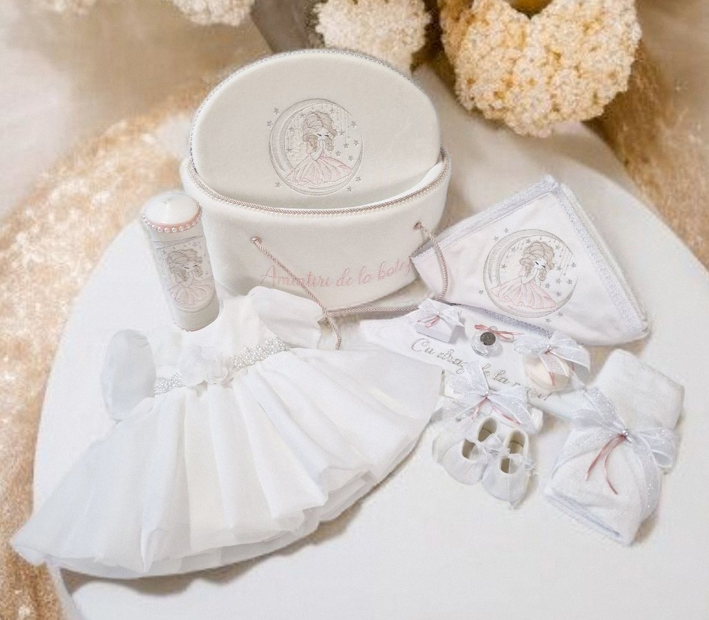 Set Complet Botez Fetiță Ariel Ivory Rochita +Trusou+Lumanare