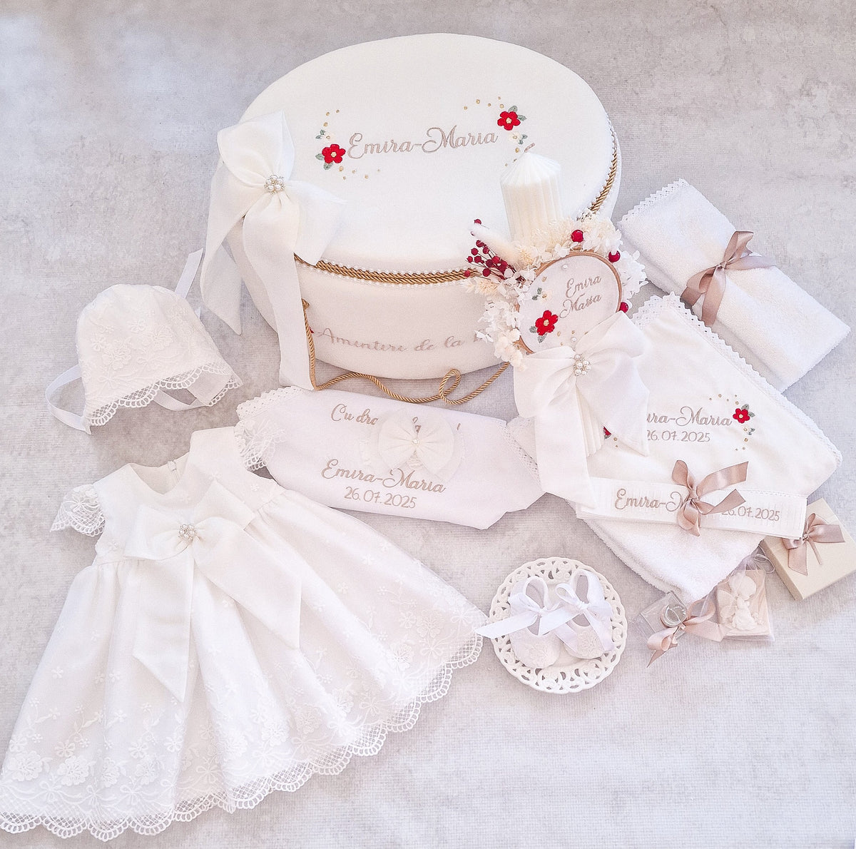 Set Complet Botez Fetiță Charlotte Rochita +Trusou+Lumanare