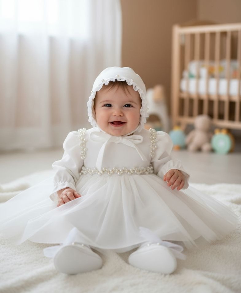 Rochița de botez ivoire cu aplicații  de perle – Noelle