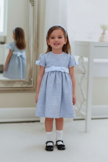 Rochiță fetițe din stofă Chanel bleu, cu fundiță și croi elegant