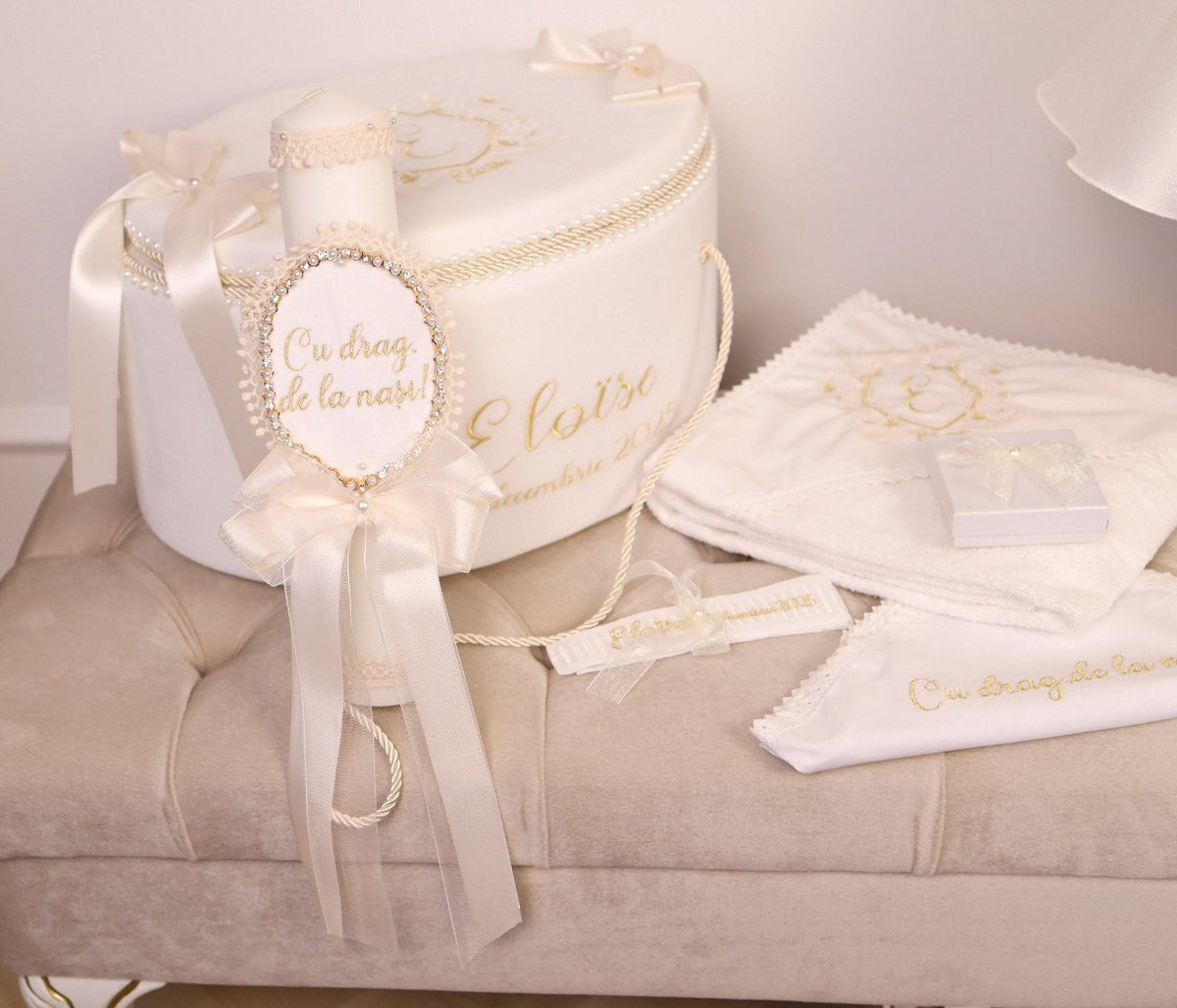 Set Complet Botez Fetiță Eloisë Ivory Rochita +Trusou+Lumanare