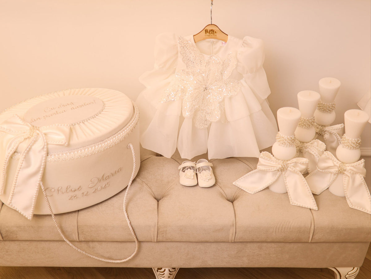 Set Complet Botez Fetiță Casryn Ivory Rochita +Trusou+Lumanare