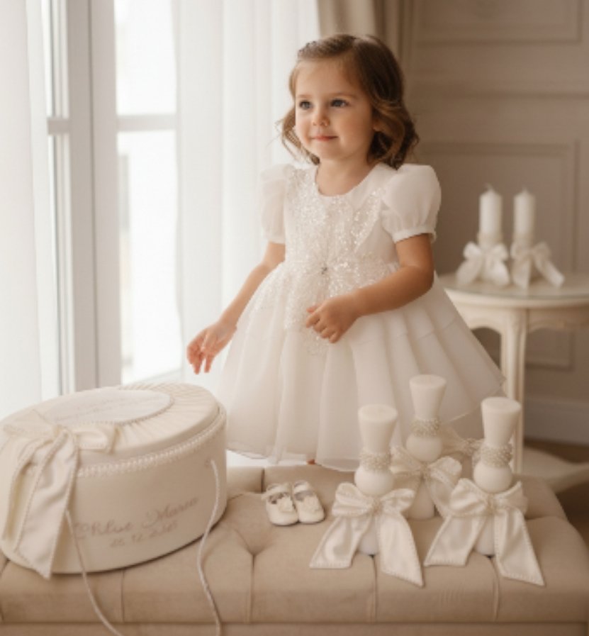 Set Complet Botez Fetiță Casryn Ivory Rochita +Trusou+Lumanare