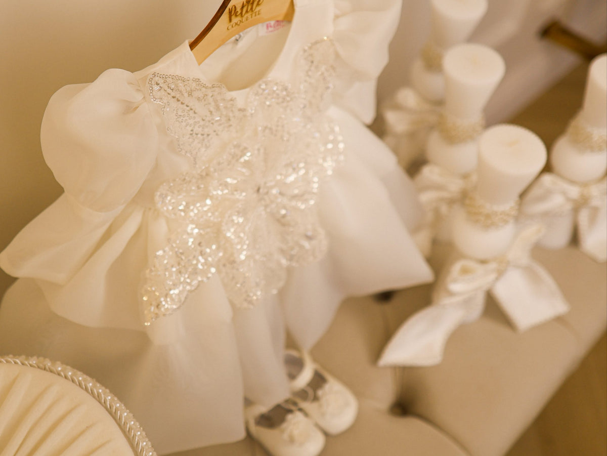 Set Complet Botez Fetiță Casryn Ivory Rochita +Trusou+Lumanare