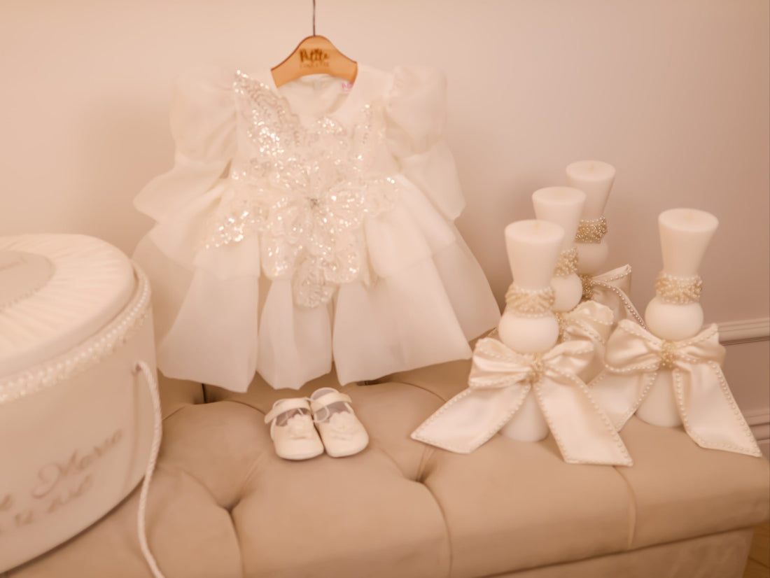 Set Complet Botez Fetiță Casryn Ivory Rochita +Trusou+Lumanare