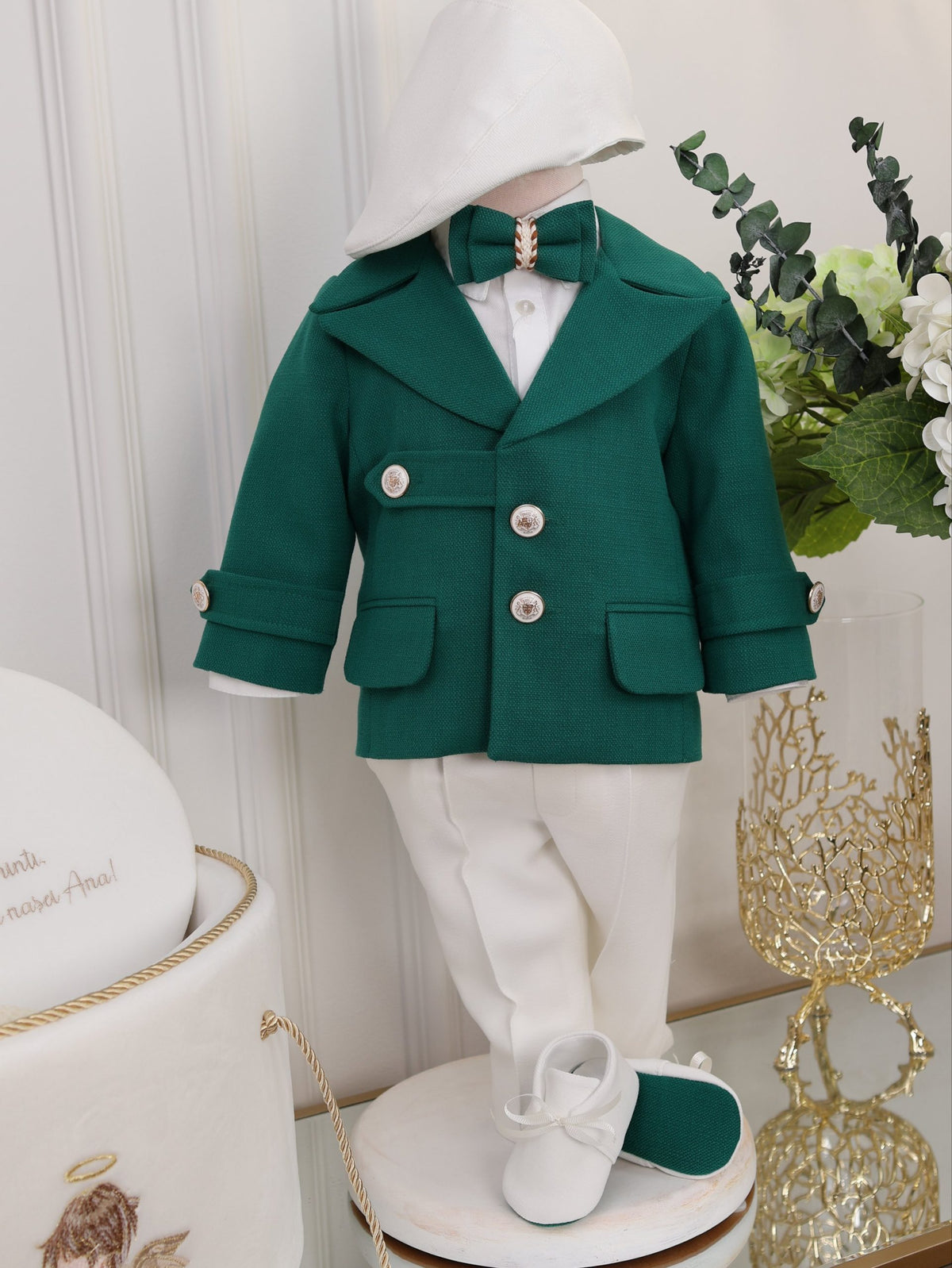 Costumaș botez alb/verde pentru băieți Aaron -Signature Collection