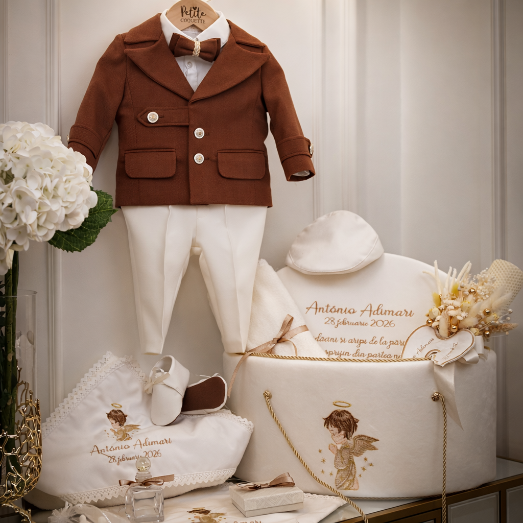 Costumaș botez alb/maro pentru băieți Aaron -Signature Collection