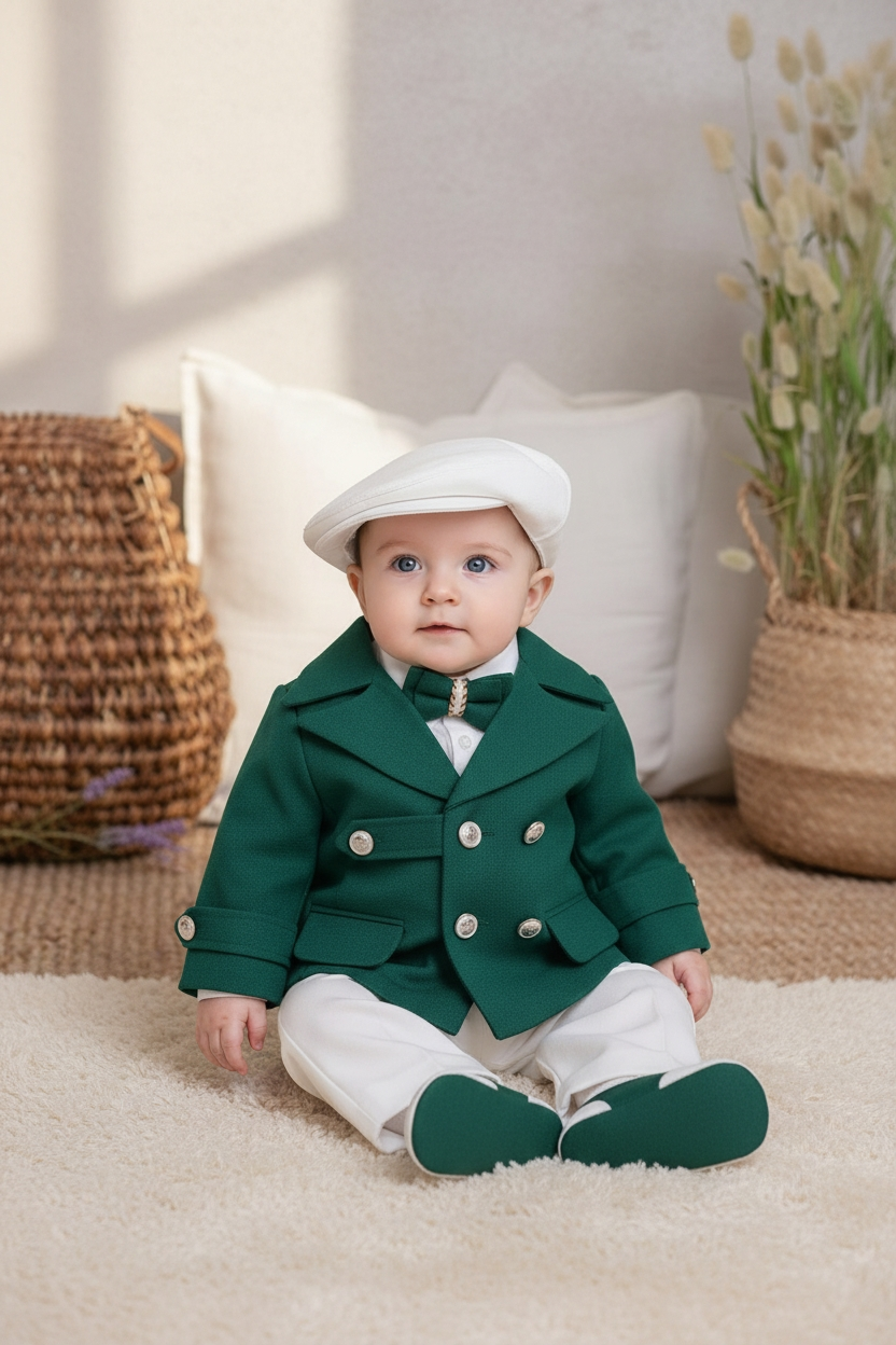 Costumaș botez alb/verde pentru băieți Aaron -Signature Collection