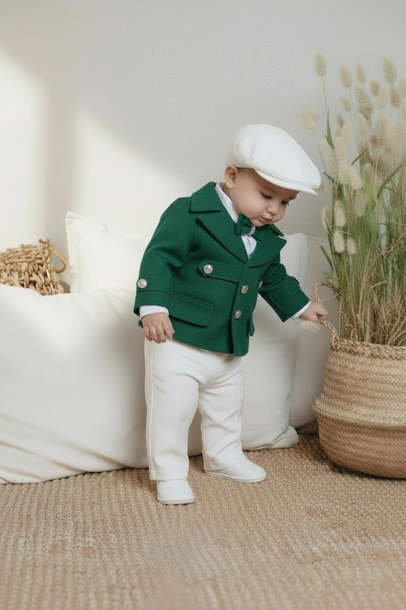 Costumaș botez alb/verde pentru băieți Aaron -Signature Collection