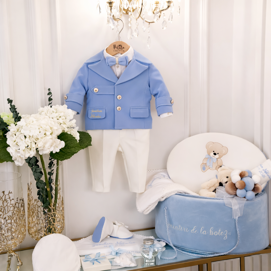 Costumaș botez alb/bleo pentru băieți Aaron -Signature Collection