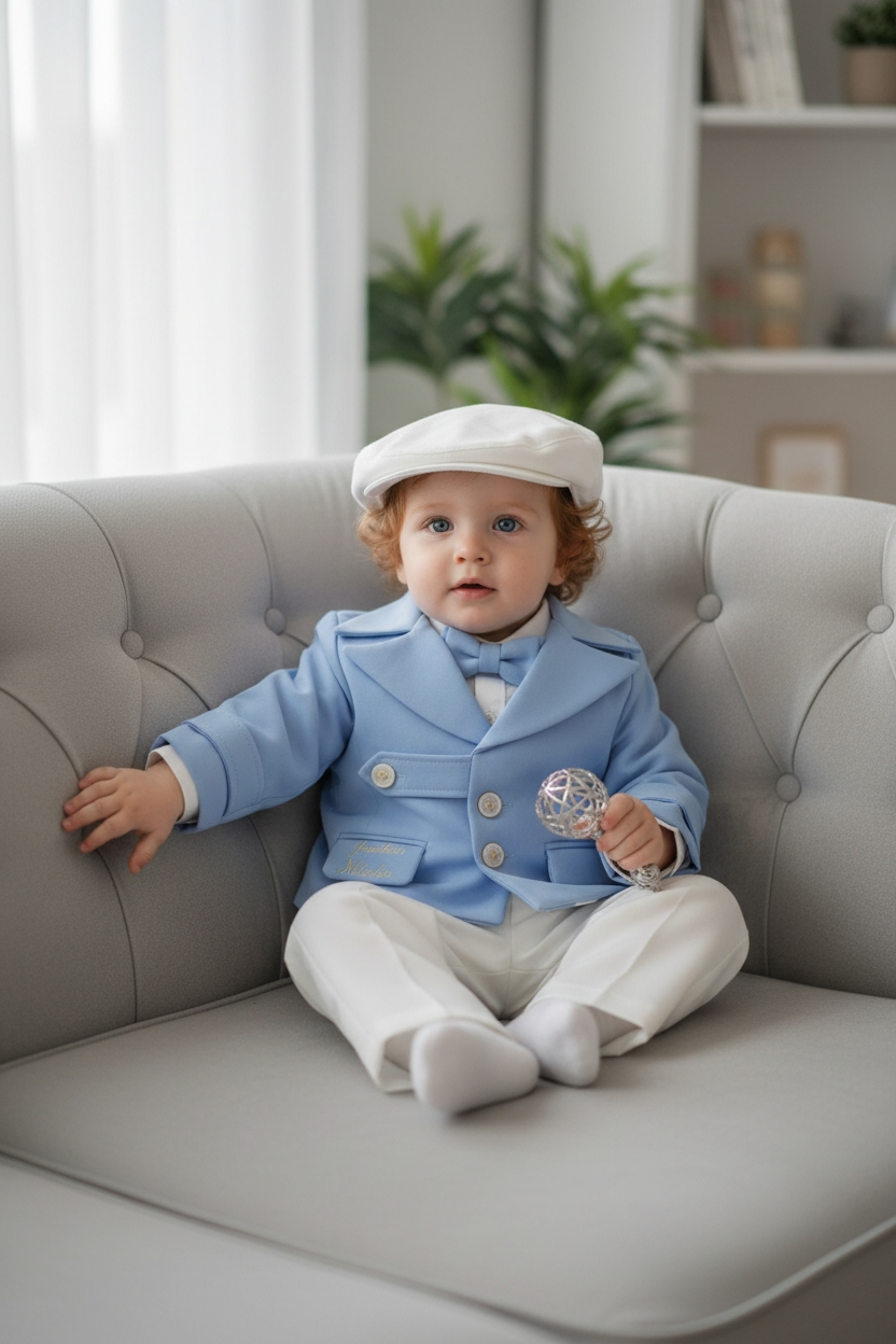 Set complet botez băieți Aaron- cufar buretat brodat cu ursuleț + costum elegant alb/bleo+ lumânare