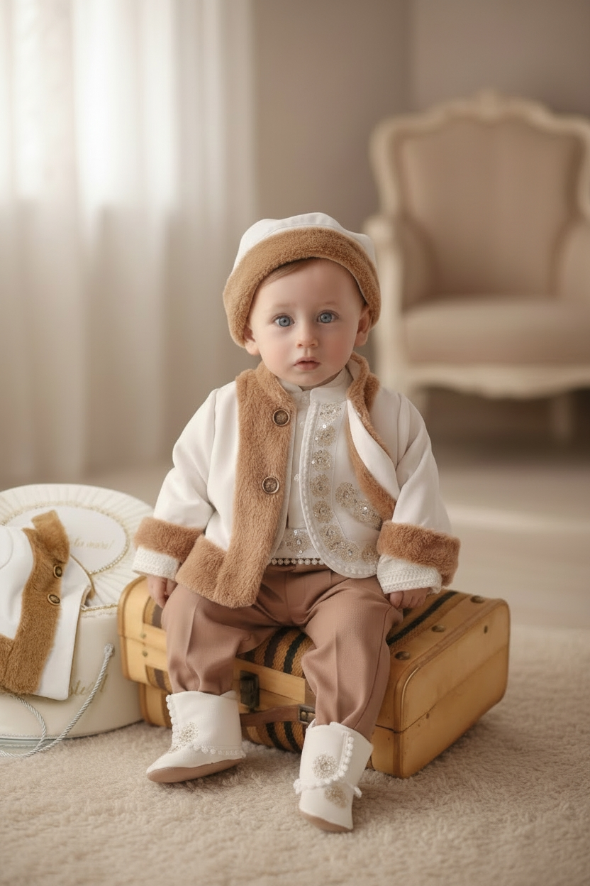 Set botez băiat tradițional – costum popular bebeluș + trusou botez personalizat+lumanare