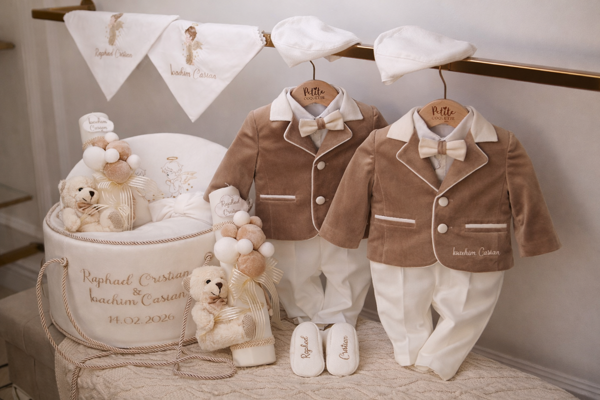 Costumaș botez pentru băieți Rafael White/Beige-Velvet Touch