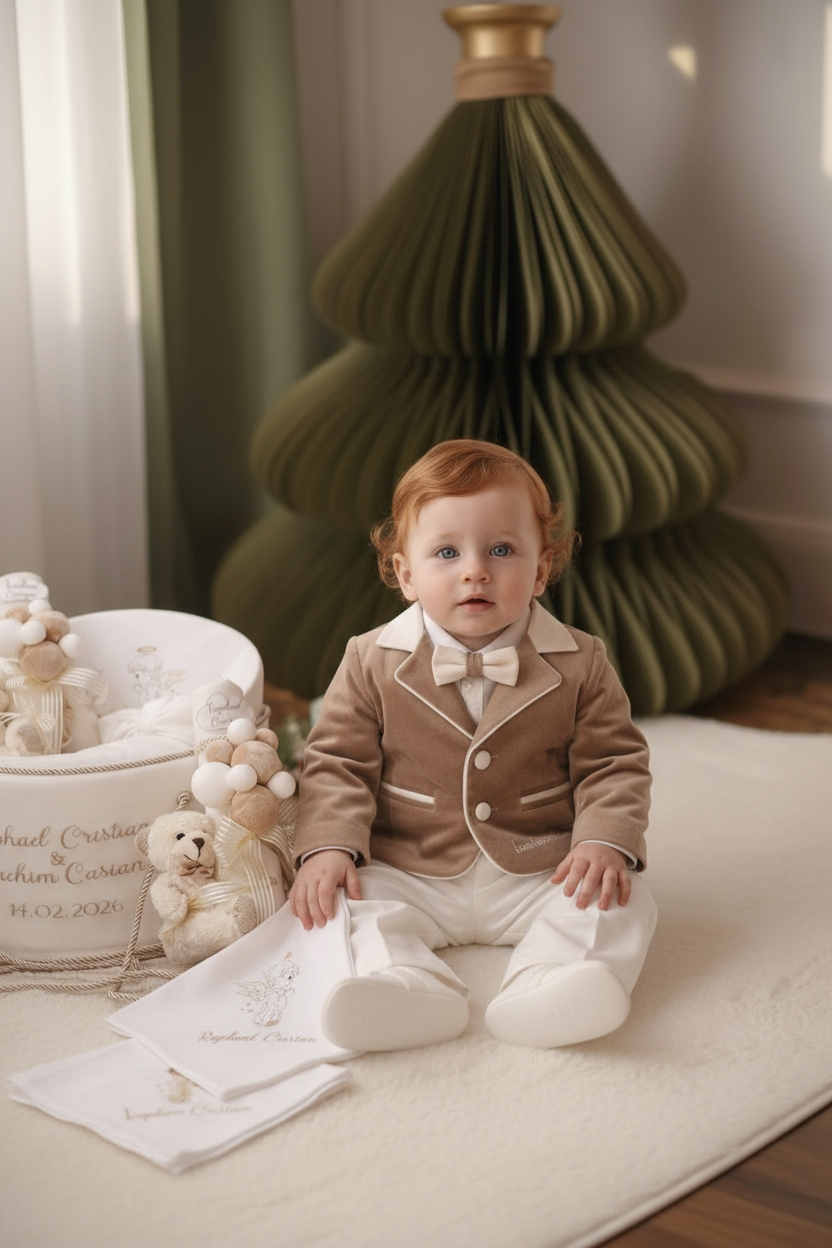 Costumaș botez pentru băieți Rafael White/Beige-Velvet Touch
