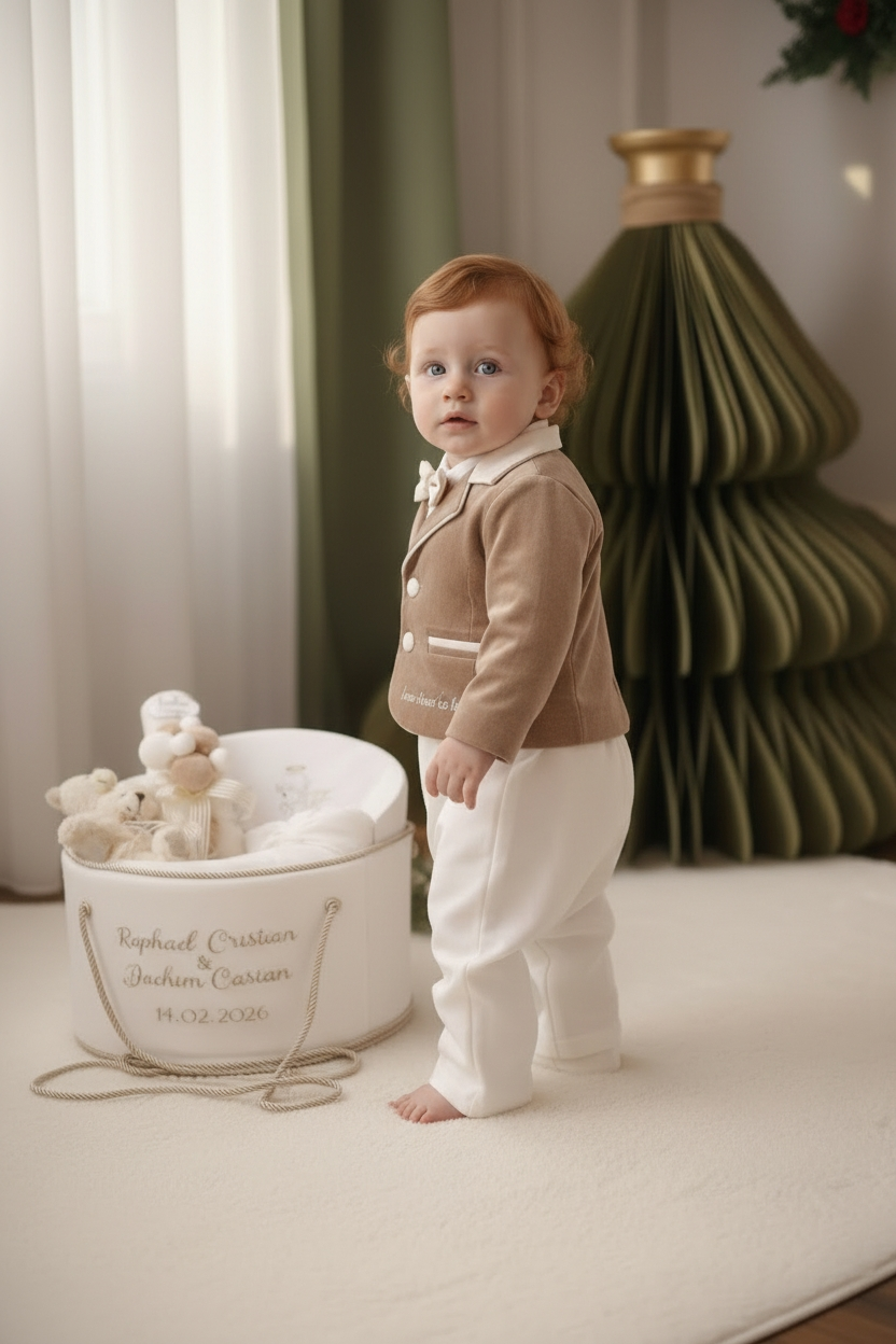 Costumaș botez pentru băieți Rafael White/Beige-Velvet Touch