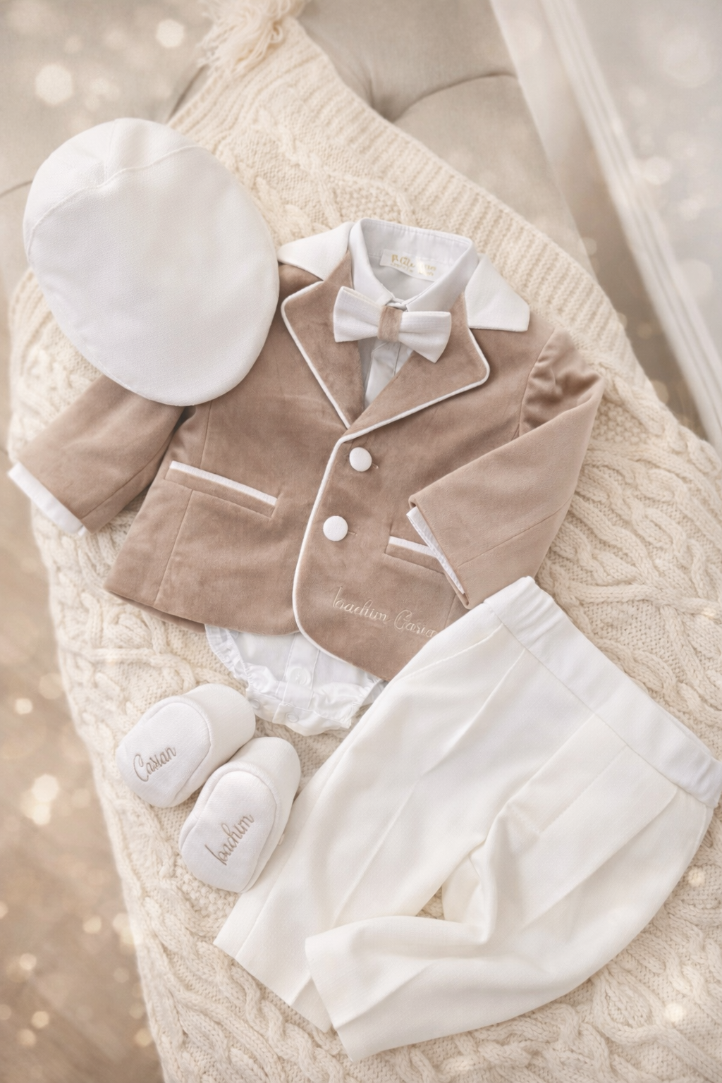 Costumaș botez pentru băieți Rafael White/Beige-Velvet Touch