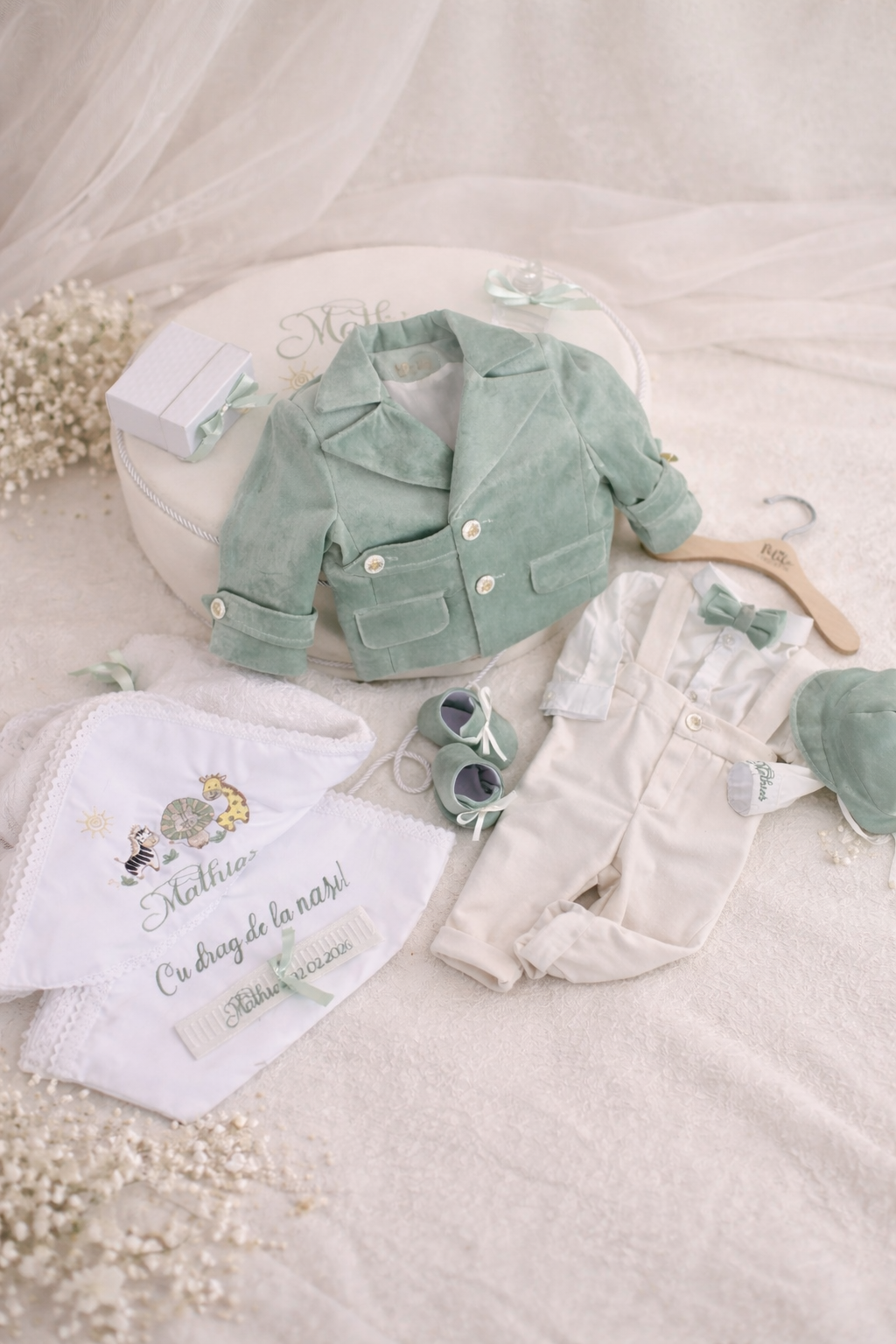 Set botez băieți verde mentă-Safary - Costum botez + Trusou