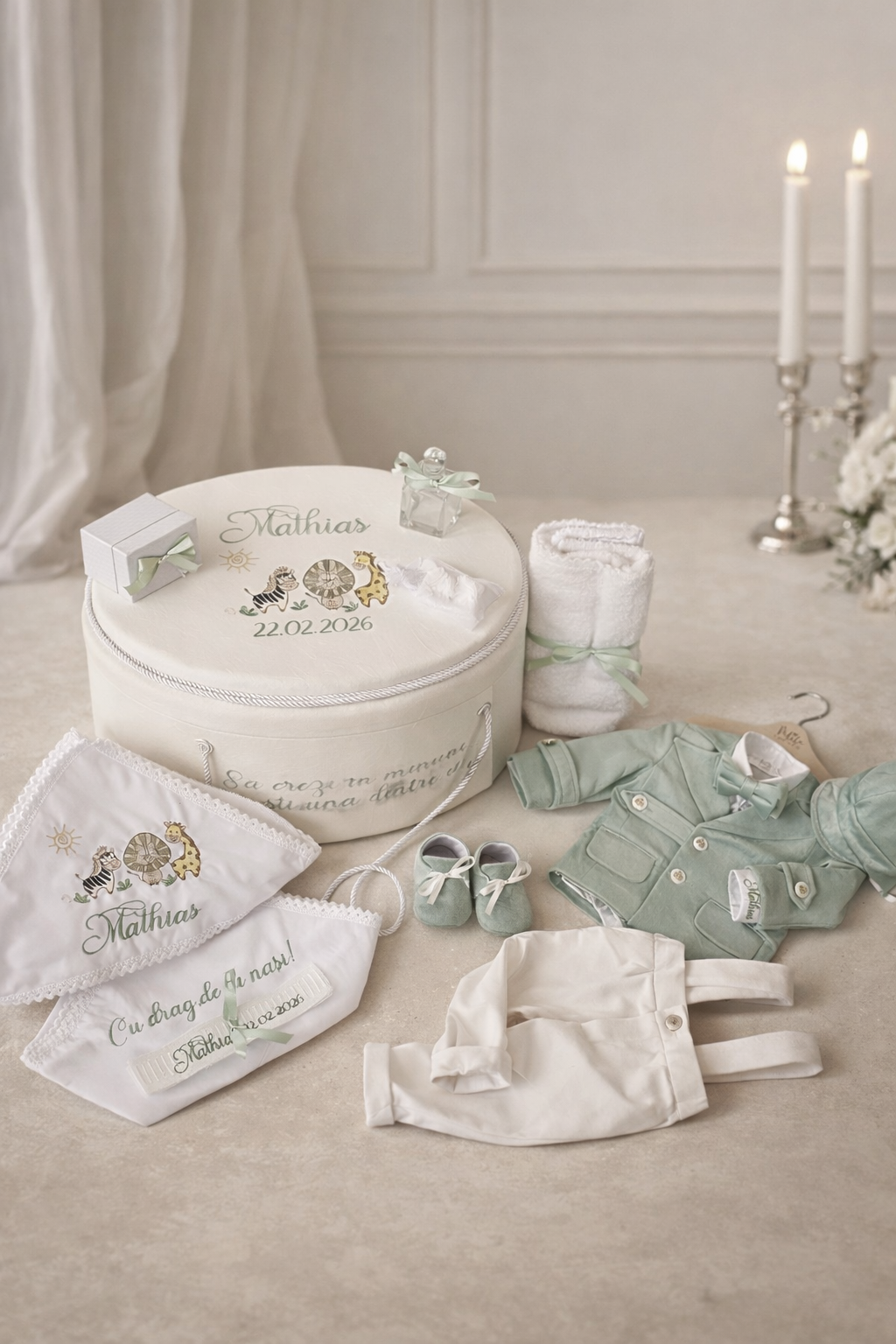 Set botez băieți verde mentă-Safary - Costum botez + Trusou