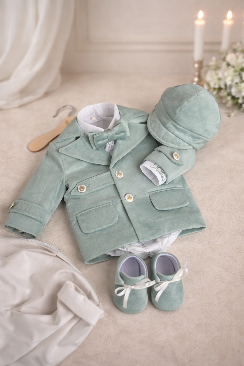 Set botez băieți verde mentă-Safary - Costum botez + Trusou