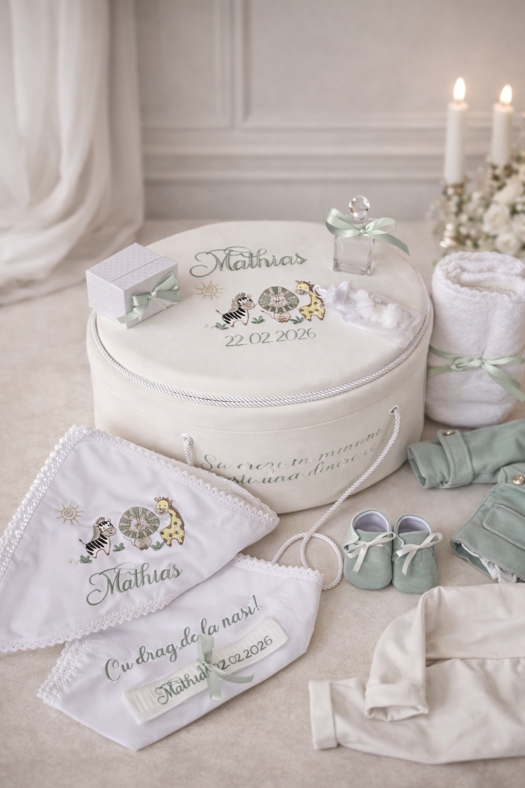 Set botez băieți verde mentă-Safary - Costum botez + Trusou