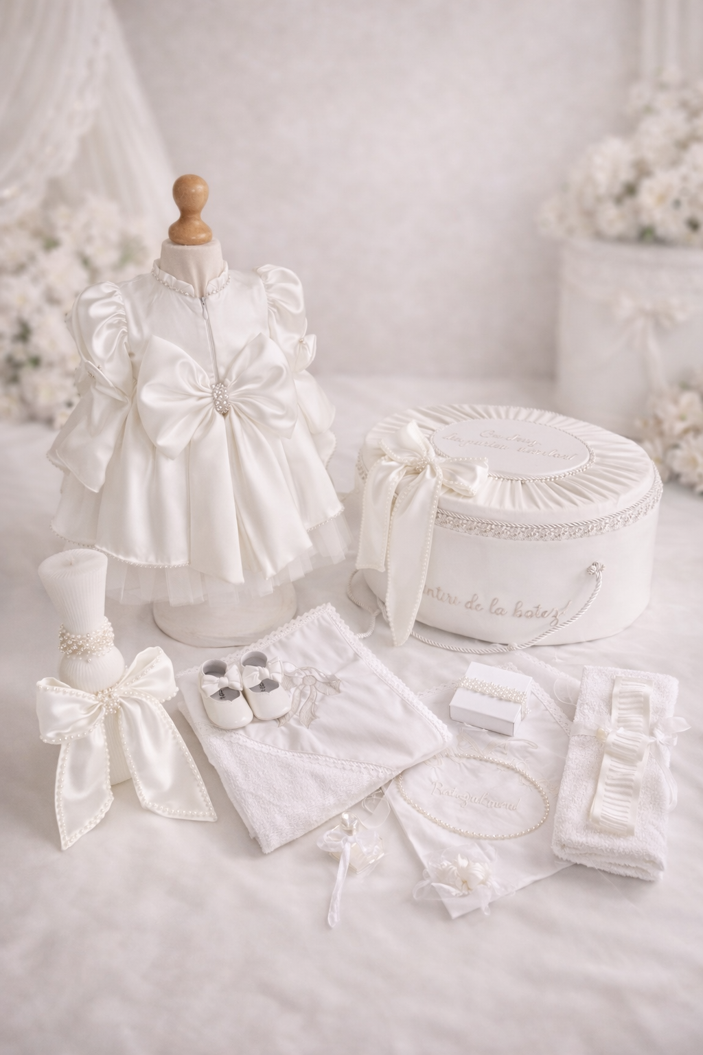 Set Botez Complet Fetiță „Perla” — Rochiță, Trusou & Lumânare