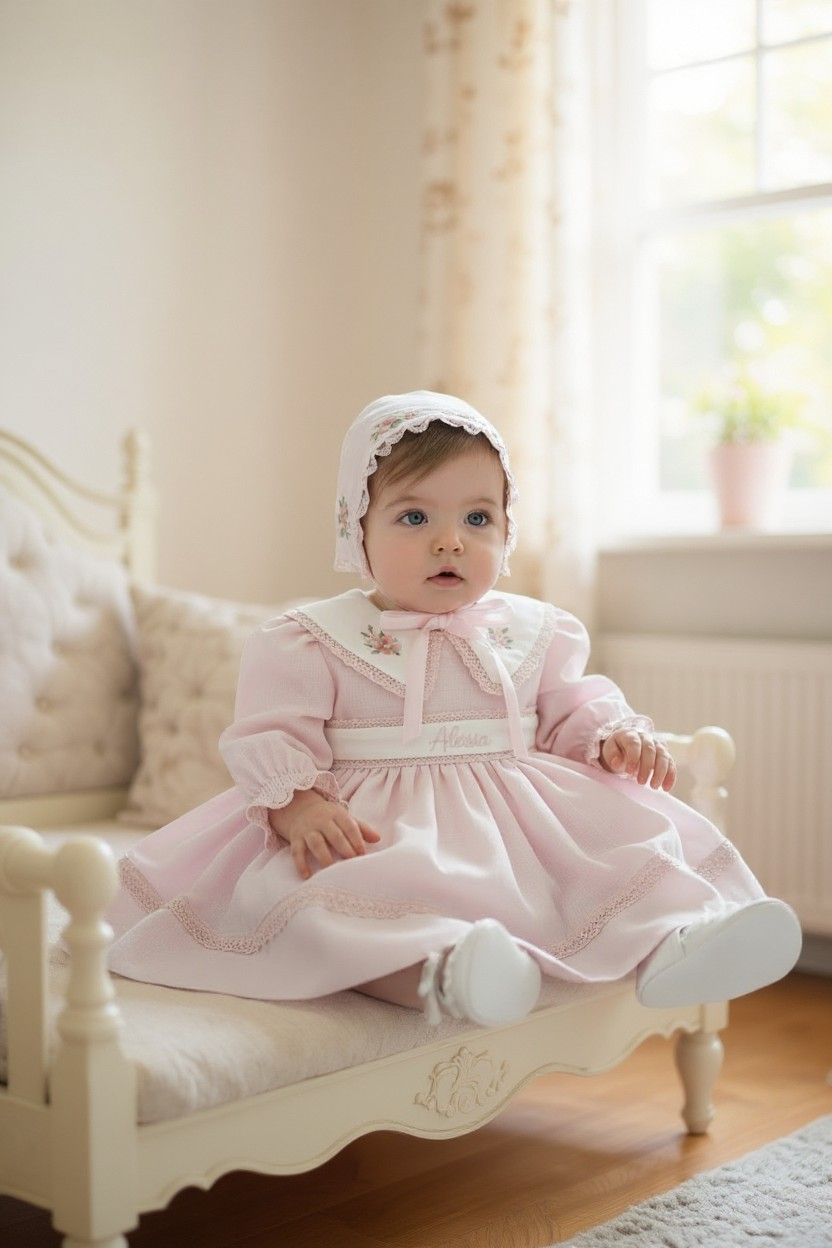 Rochiță de botez „Mimoza” pentru fetițe – brodată, elegantă