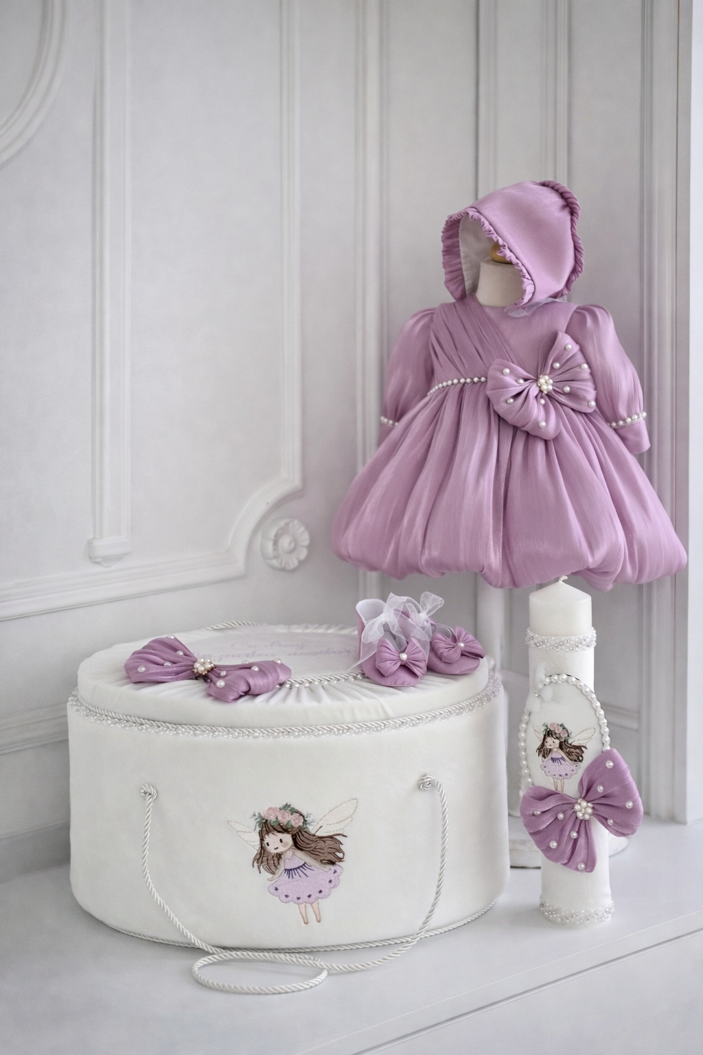 Set complet botez fetiță mov lila Sienna- Trusou+rochiță +lumânare