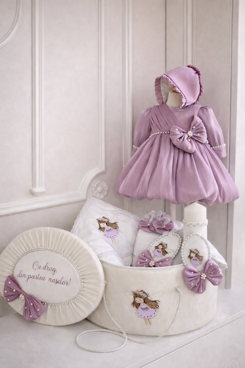 Set complet botez fetiță mov lila Sienna- Trusou+rochiță +lumânare