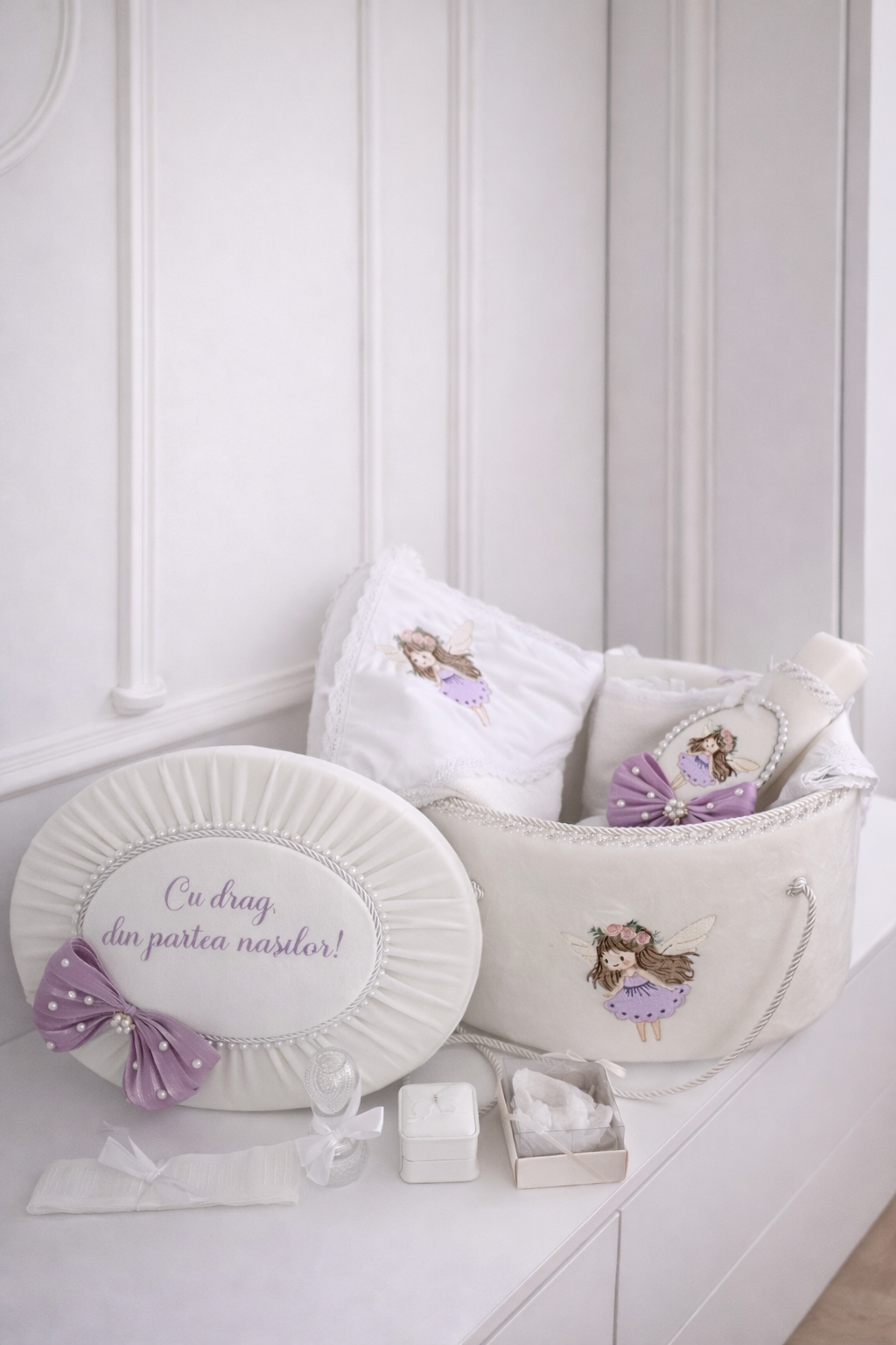 Set complet botez fetiță mov lila Sienna- Trusou+rochiță +lumânare