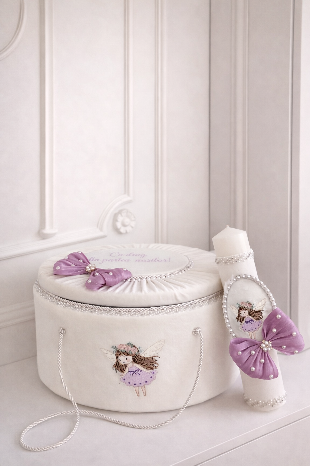 Set complet botez fetiță mov lila Sienna- Trusou+rochiță +lumânare