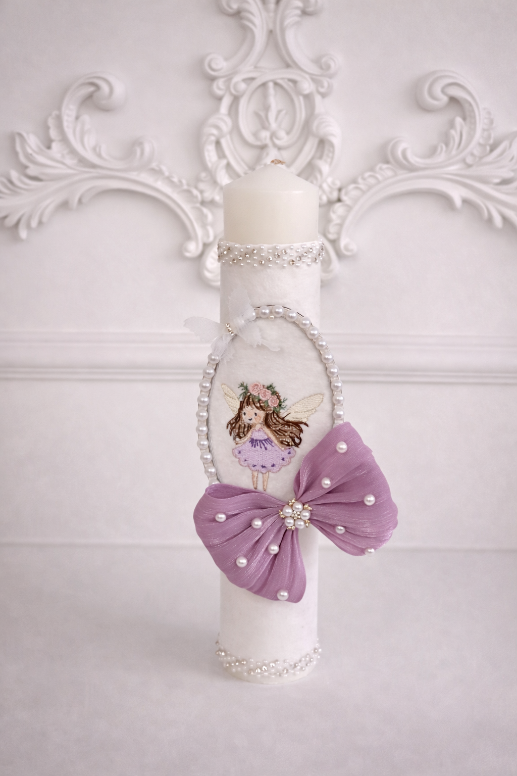 Set complet botez fetiță mov lila Sienna- Trusou+rochiță +lumânare