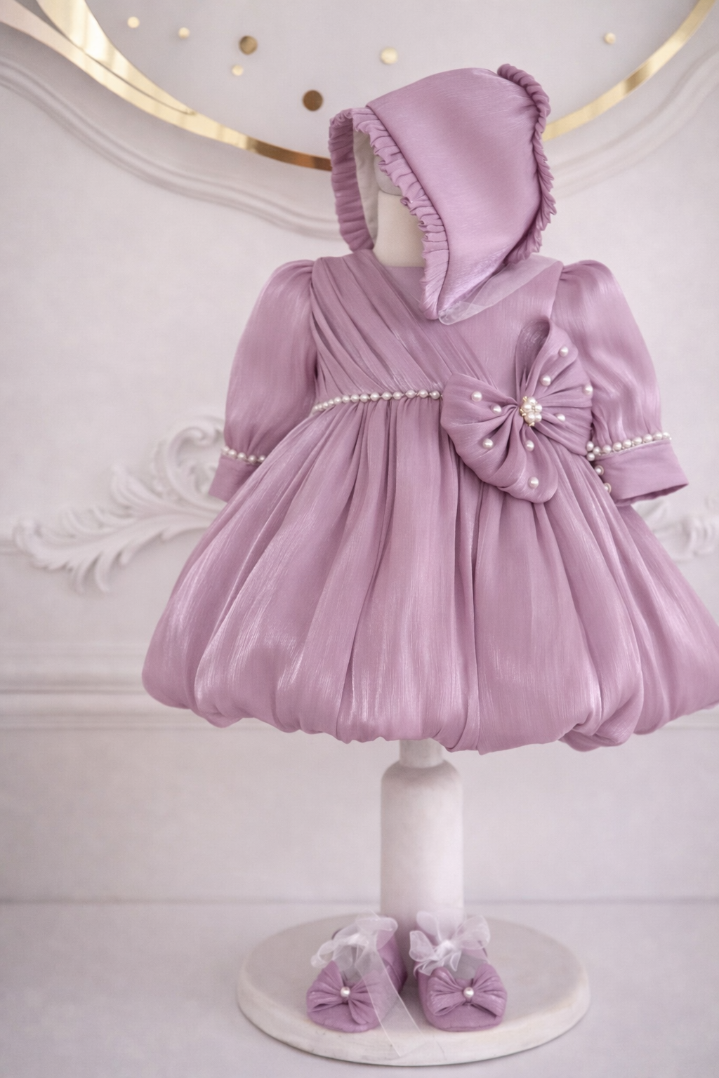 Set complet botez fetiță mov lila Sienna- Trusou+rochiță +lumânare
