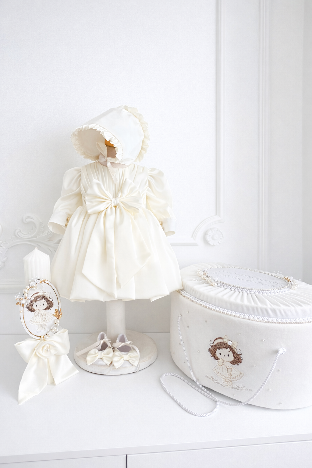 Set de botez fetita Elina – trusou complet cu rochiță, lumânare și cufăr personalizat