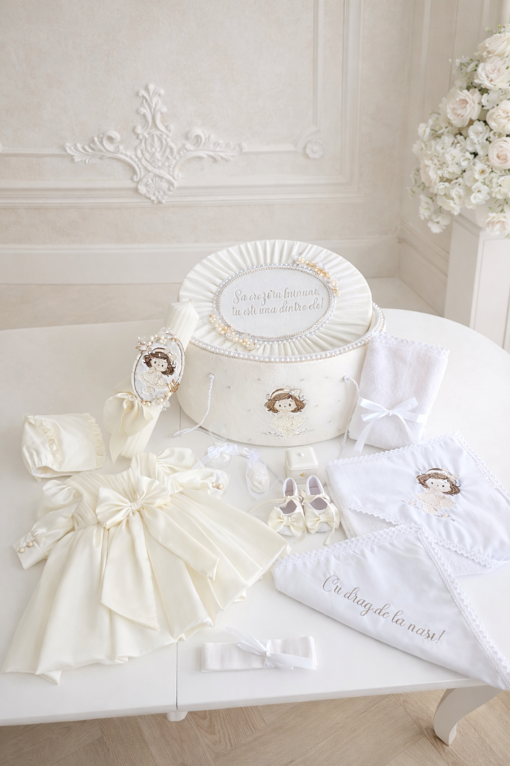 Set de botez fetita Elina – trusou complet cu rochiță, lumânare și cufăr personalizat