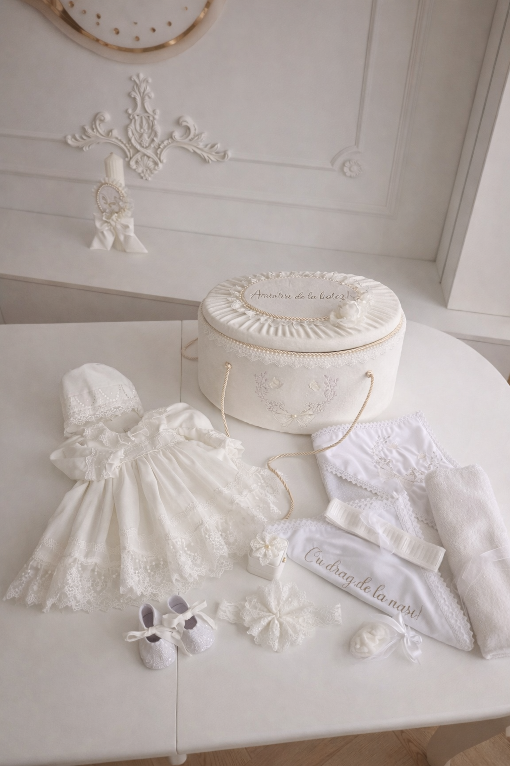 Set Botez Complet Fetiță Madeline – Rochie ,Lumanare și Trusou Personalizat Ivory