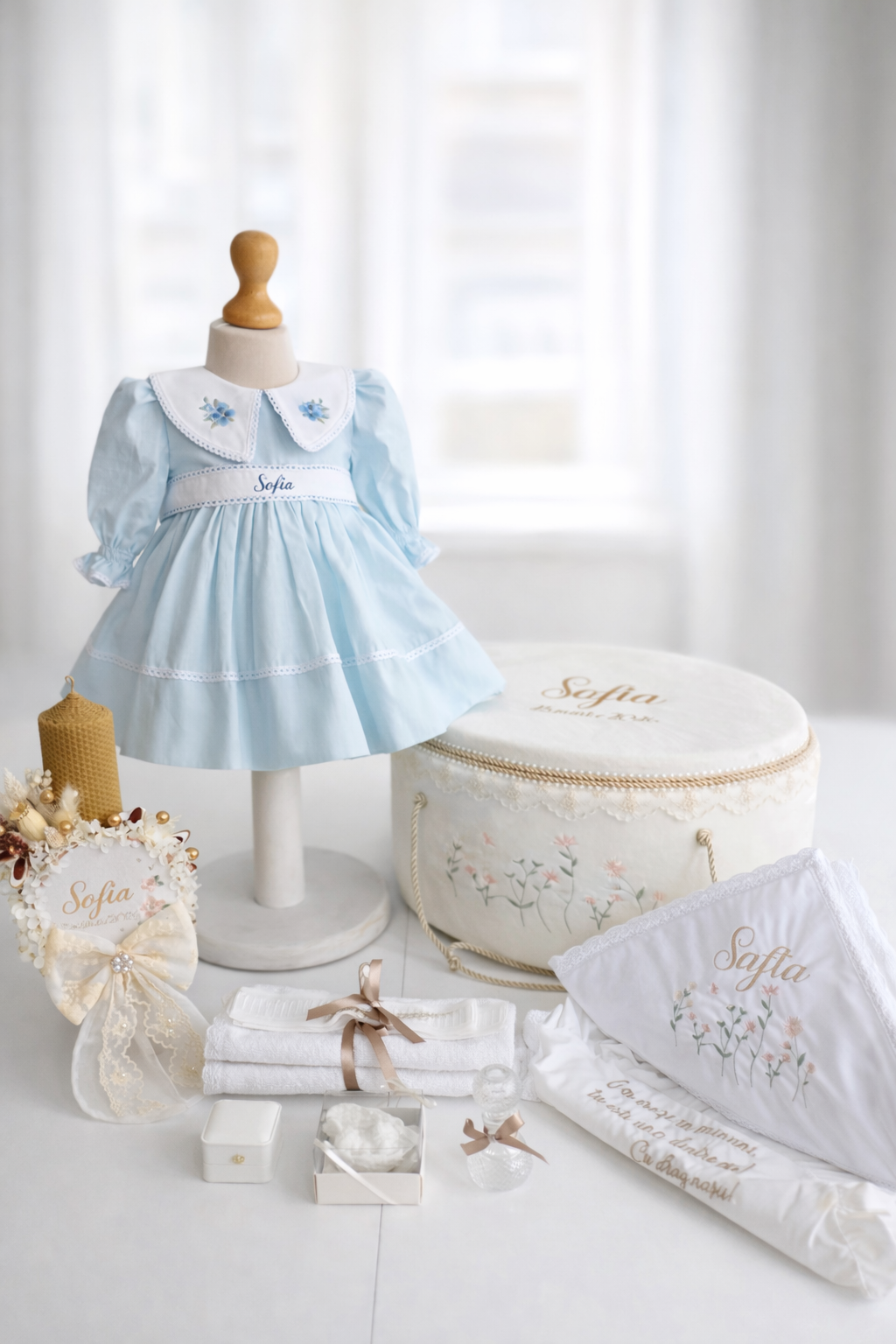 Rochiță de botez „Mimoza” pentru fetițe – brodată, elegantă