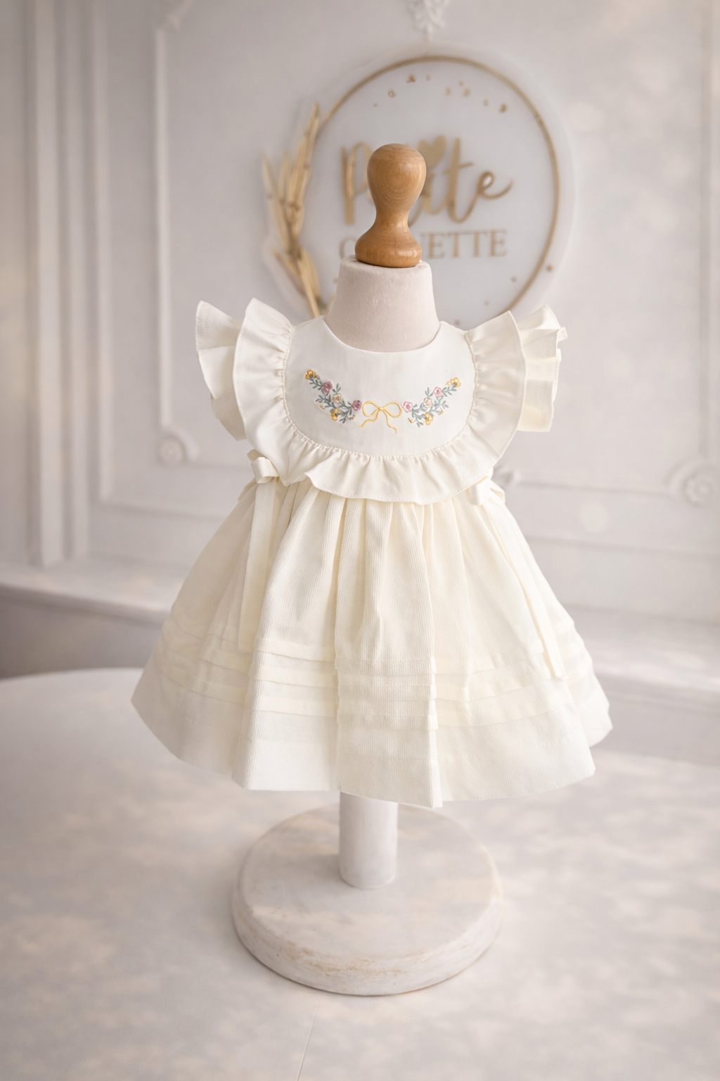 Rochiță delicată de botez pentru fetițe Dalia, ivory cu broderie florală și fundițe