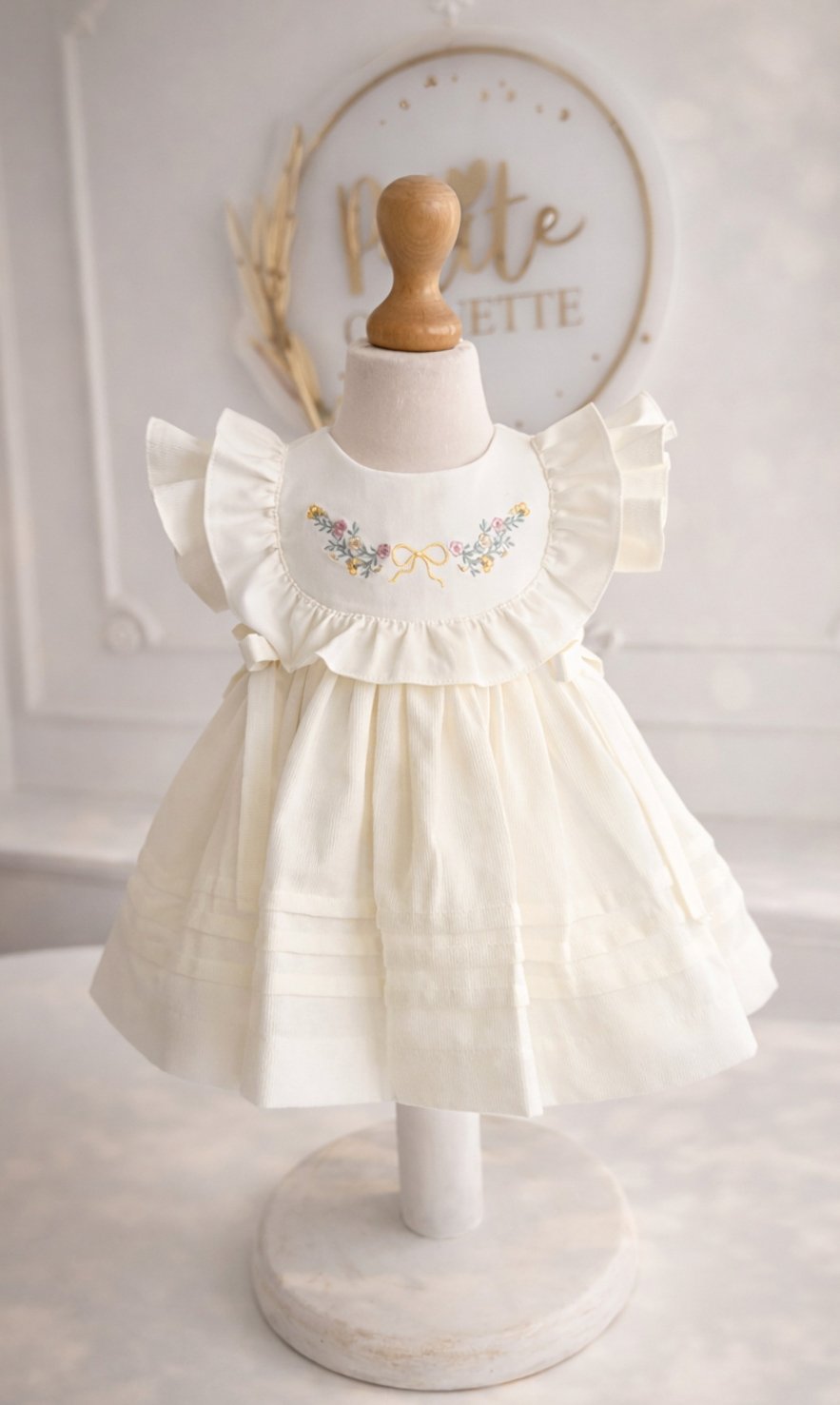 Rochiță delicată de botez pentru fetițe Dalia, ivory cu broderie florală și fundițe
