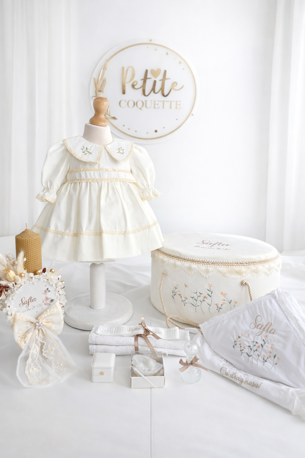 Rochiță de botez „Mimoza” pentru fetițe – brodată, elegantă